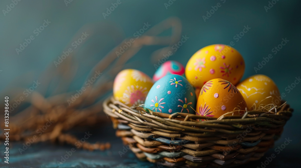 A rustic basket filled with vibrant, hand-painted Easter eggs adorned with various patterns, set against a moody background. A rustic basket filled with vibrant, hand-painted Easter eggs adorned with various patterns, set against a moody background.