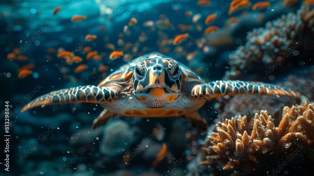 A sea turtle swimming gracefully in the deep blue ocean, surrounded by vibrant coral reefs and colorful fish A sea turtle swimming gracefully in the deep blue ocean, surrounded by vibrant coral reefs and colorful fish