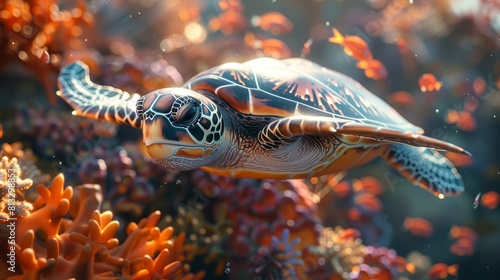 A sea turtle swimming gracefully in the deep blue ocean, surrounded by vibrant coral reefs and colorful fish