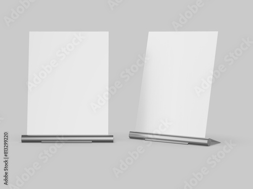 Blank acrylic sign holder display counter top metal stand template, 3d illustration. photo