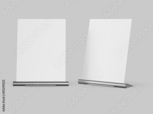 Blank acrylic sign holder display counter top metal stand template, 3d illustration.