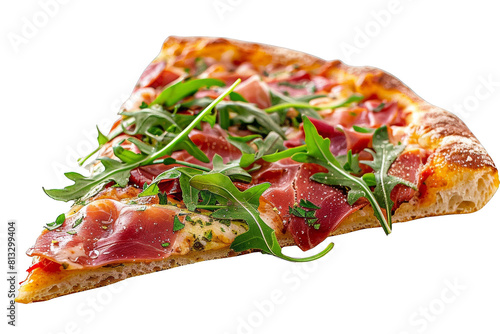 A slice of pizza with arugula and prosciutto on a transparent background