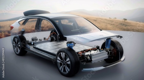 Ev car or electric vehicle with pack of battery cells on platform. photo
