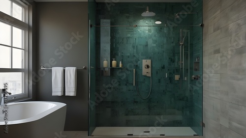 A modern bathroom with a glass-enclosed shower, mosaic tiles, and rainfall showerhead