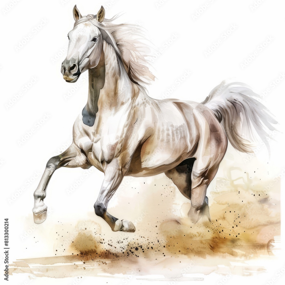 Watercolor painting of a beautiful Arabian horse galloping across a sandy desert oasis, on isolated white background, Generative AI