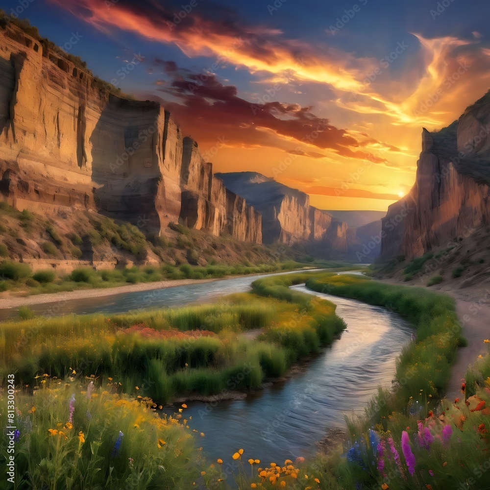 Valley canyons sunset with river and cliffside
