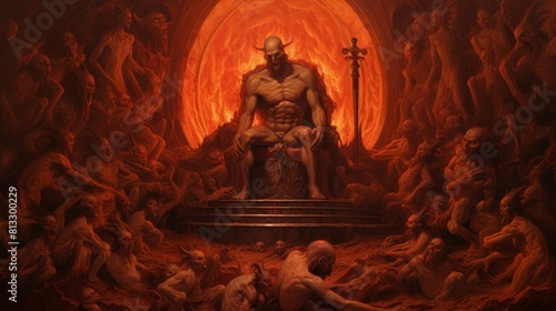 A grand throne room in hell, with a devil seated regally amidst flames and tortured souls photo