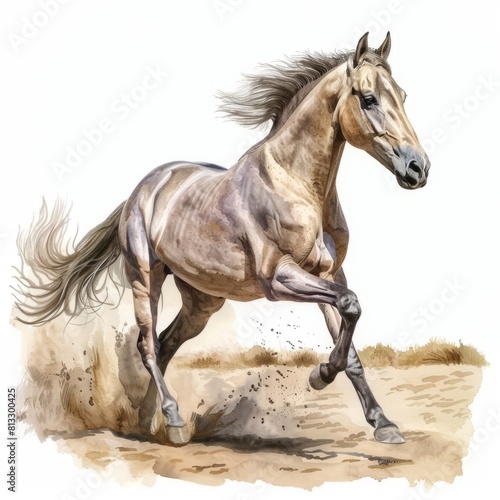 Watercolor painting of a beautiful Arabian horse galloping across a sandy desert oasis  on isolated white background  Generative AI