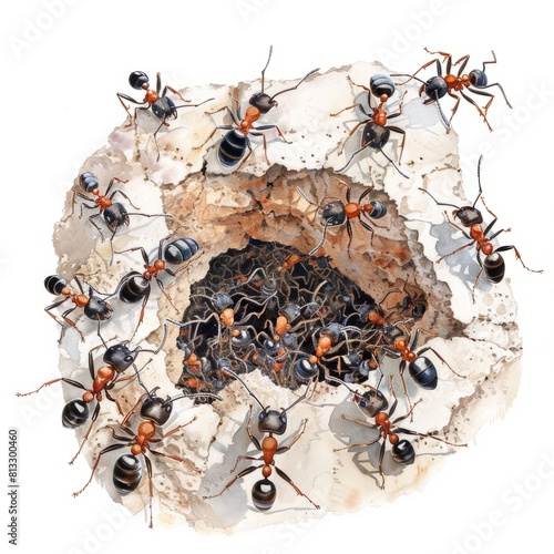 Watercolor painting of a colony of desert ants busily constructing intricate underground tunnels, on isolated white background, Generative AI