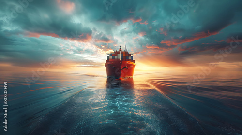 Panoramic front view of a cargo ship carrying containers for import and export, business logistic and transportation in open sea with copy space photo