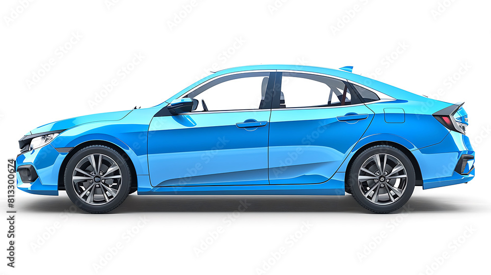 Passenger blue car isolated on a white background, with clipping path, Full Depth of field, Focus stacking, side view