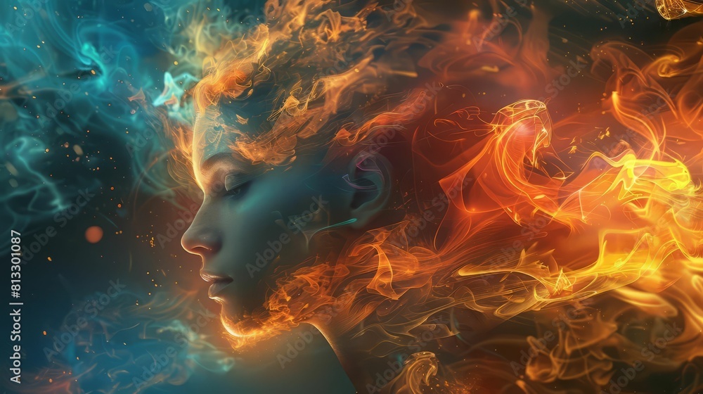 The photo shows a woman's face made of blue and orange fire.