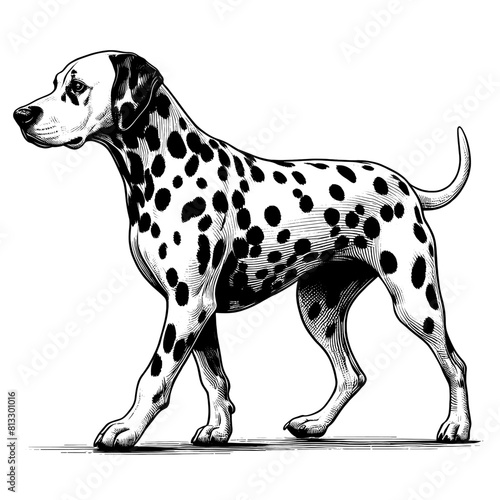 Cute Dalmatian in full-body, hand drawn sketch. Vector isolated on white background	