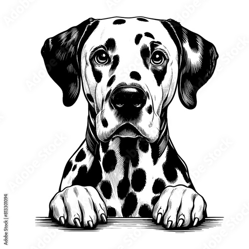 Peeking Cute Dalmatian portrait, hand drawn sketch. Vector isolated on white background	