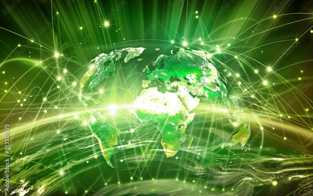 Obraz premium The green earth is surrounded by a glowing green network.
