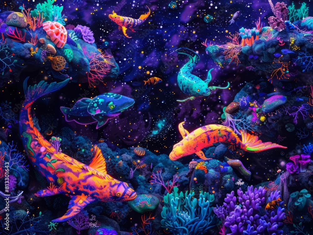 Fototapeta premium Underwater world. Tropical fishes among bright corals. Glowing neon colors.