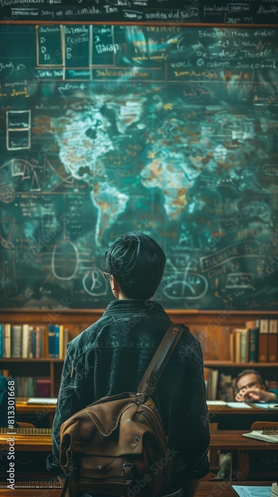 Young male student looking at world map on blackboard in library.