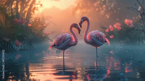Two pink flamingos standing in a misty lake at sunset.