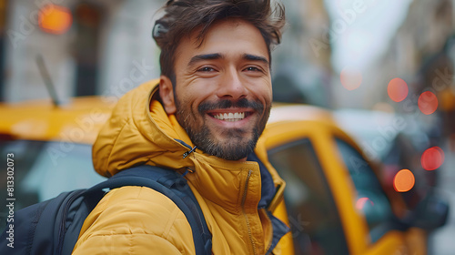 Portrait of an attractive latin man smiling before starting to work as a taxi driver of a car sharing service on a mobile app photo