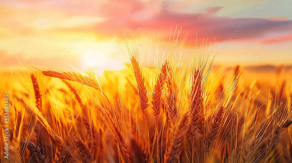 Close up wheat field at golden hour, bathed in warm sunlight, whole grain field. Generative AI Close up wheat field at golden hour, bathed in warm sunlight, whole grain field. Generative AI