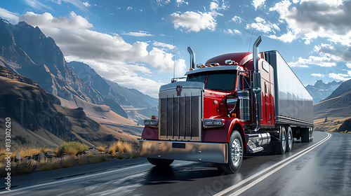 Powerful long haul big rig industrial grade diesel semi truck transporting commercial food cargo in refrigerated semi trailer running on the flat road with sky and hills view in Columbia Gorge photo