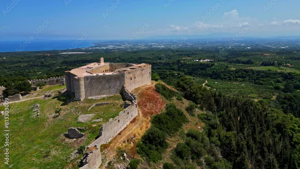 Drone Shot of Chlemoutsi Castle Museum, Elis, Greece. Medieval Hilltop Landmark on Sunny Day Drone Shot of Chlemoutsi Castle Museum, Elis, Greece. Medieval Hilltop Landmark on Sunny Day