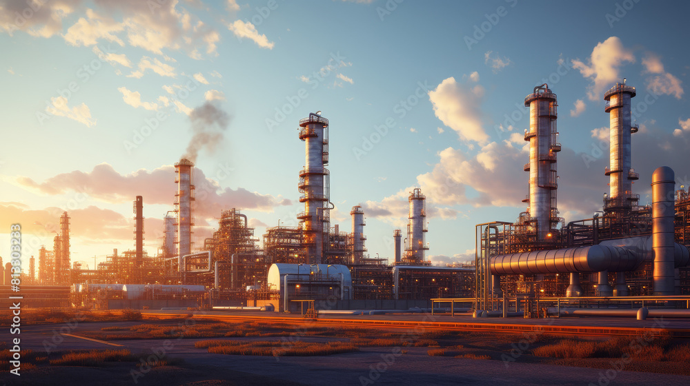 Detailed 3D rendering of an oil refinery, with pipelines and distillation towers processing crude into various fuels