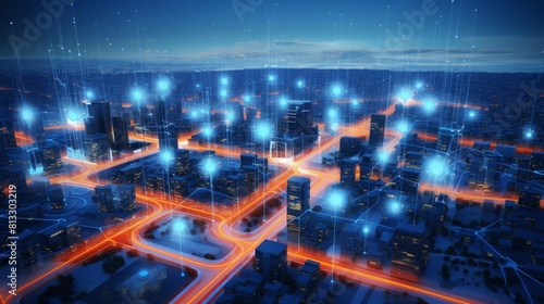 Detailed 3D rendering of a smart city s infrastructure  interconnected through IoT devices across different regions