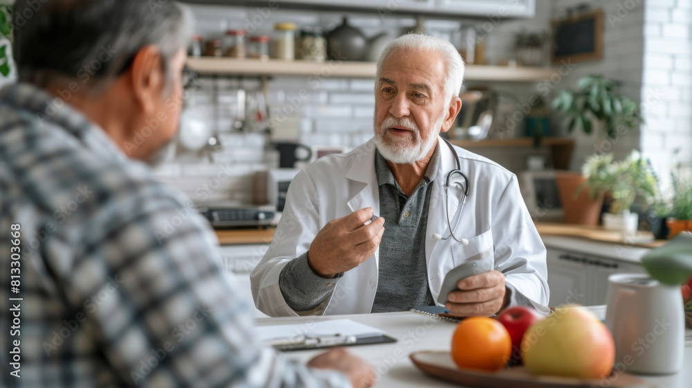 Elderly male doctor in a white coat discussing health issues with a senior male patient at home, promoting healthcare. Elderly male doctor in a white coat discussing health issues with a senior male patient at home, promoting healthcare.