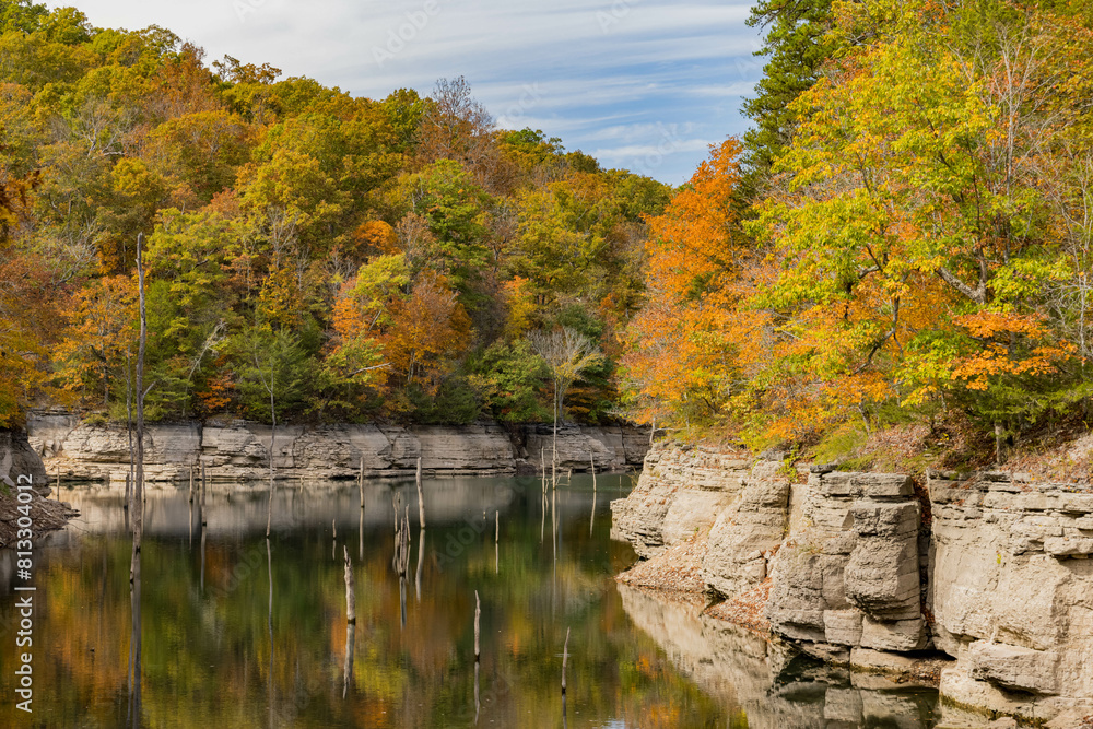 Sunny view of the beautiful fall color of Hobbs State Park-Conservation Area
