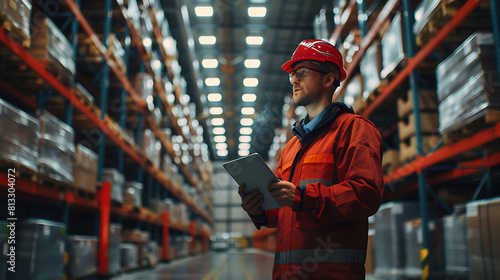 Factory engineer hold tablet manage inventory control and deliverly smart transportation through intelligent warehouse management system.Global logistic contribution and industrial innovative.