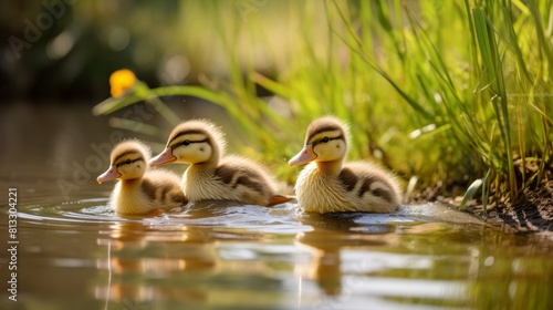 Tiny ducklings following their mother across a serene pond, with fluffy feathers and tiny webbed feet © kitinut