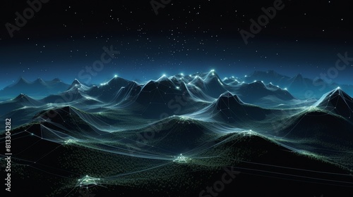 Virtual landscape of digital mountains and valleys created from a mesh of points and lines  evoking a sense of exploration in cyberspace