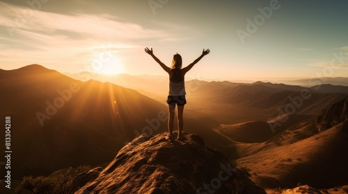 Womans silhouette at the peak of a mountain  arms spread wide  against a backdrop of sprawling hills
