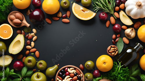 Border liver detox diet food concept, fruits, vegetables, nuts, olive oil, garlic. Cleansing the body, healthy eating. Top view, flat layout © Adi