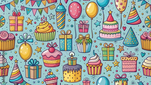 Fun hand drawn party seamless background with cakes, gift boxes, balloons and party decoration. Great for birthday parties, textiles, banners