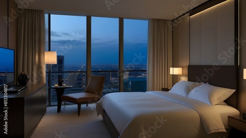  A tranquil bedroom with a plush king-size bed  soft linens  and ambient bedside lighting 