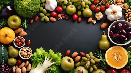 Border liver detox diet food concept  fruits  vegetables  nuts  olive oil  garlic. Cleansing the body  healthy eating. Top view  flat layout