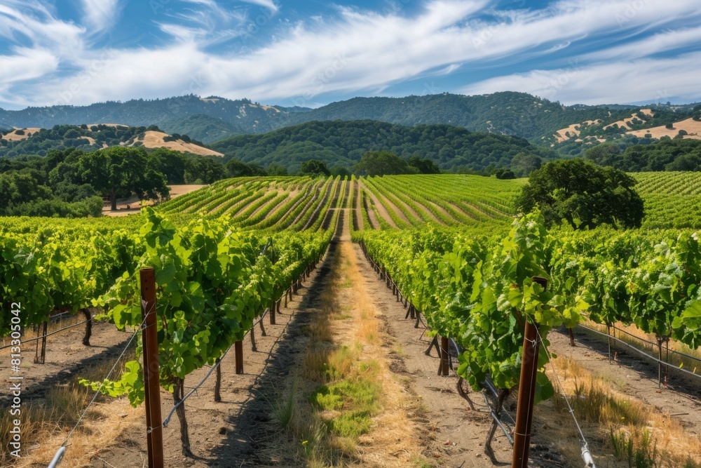 A picturesque vineyard with rows of grapevines stretching into the distance A picturesque vineyard with rows of grapevines stretching into the distance