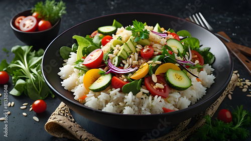 Fresh salad with rice and vegetable on dark background top view with space for text. Healthy food.png, Fresh salad with rice and vegetable on dark background top view with space for text. Healthy food