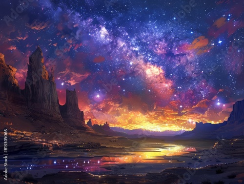 The image is a beautiful landscape painting of a desert at night