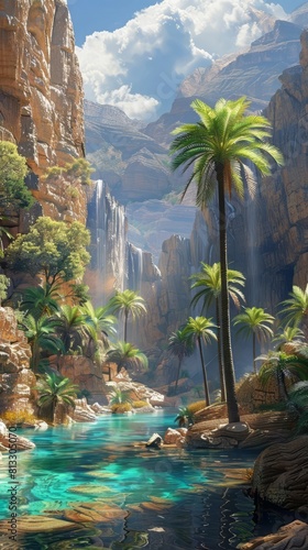 The oasis is a lush, green area in the middle of a desert photo