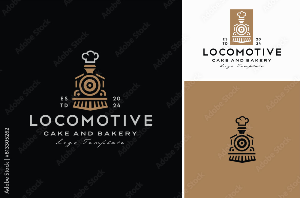 Steam Train Locomotive with Fog Smoke as Cheft Hat for Restaurant or Bakery or other food business vintage label logo design