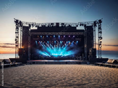 The stage at outdoor beach music festival on a summer evening. An electrifying scene featuring an empty stage for a rock concert, for an epic and energetic performance.