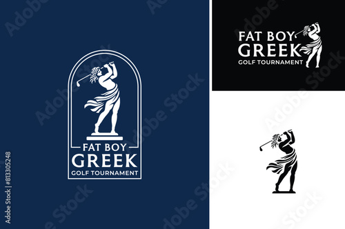 Greek God Playing Golf. Ancient Roman Statue of Fat Man swing a club stick for tournament sport logo design