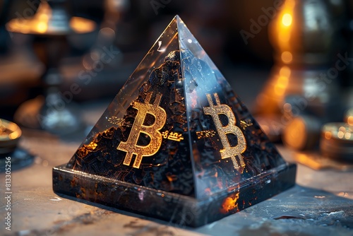 Philosopher's stone, pyramid shape, four sides, one with magic symbols and one with Bitcoin symbol photo