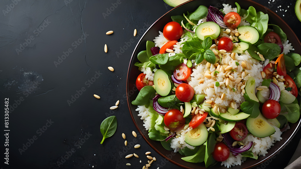 Fresh salad with rice and vegetable on dark background top view with space for text. Healthy food.png, Fresh salad with rice and vegetable on dark background top view with space for text. Healthy food