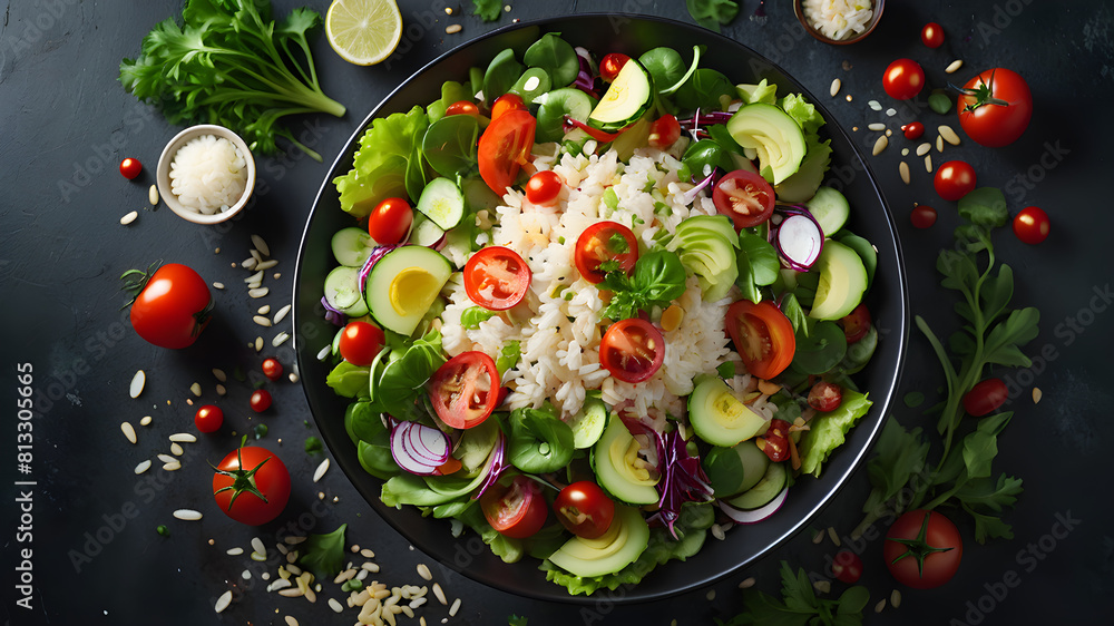 Fresh salad with rice and vegetable on dark background top view with space for text. Healthy food.png, Fresh salad with rice and vegetable on dark background top view with space for text. Healthy food Fresh salad with rice and vegetable on dark background top view with space for text. Healthy food.png, Fresh salad with rice and vegetable on dark background top view with space for text. Healthy food