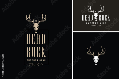 Deer Buck Stag Head Skull Antlers for Forest Outdoor Adventure or Wildlife Hunting Vintage logo design