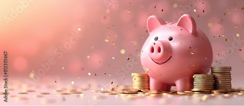 Smiling pink piggy bank for saving money with gold coins